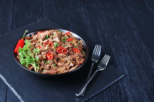 Close-up Of Spicy Slow Cooked Pulled Beef