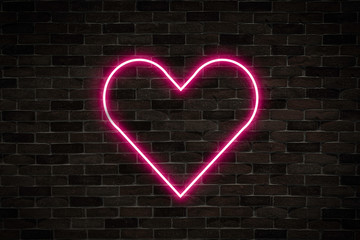 Pink Heart arrow neon on brick wall background, fall in love symbol.