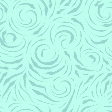 Seamless pattern of brush strokes of blue color. Watercolor blots in the form of curls of spirals and circles on a turquoise background. Smooth pattern for clothes and packaging in pastel colors