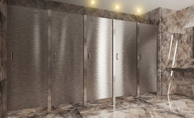 stainless steel doors in a public toilet. 3D rendering