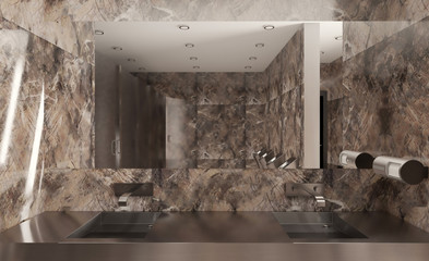 public toilet with marble walls and floors. stainless steel washbasin and urinals. 3D rendering