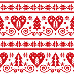Motif vectoriel harmonieux folklorique de Noël scandinave, design nordique mignon floral répétitif avec des arbres de Noël, des flocons de neige et des coeurs en rouge sur fond blanc