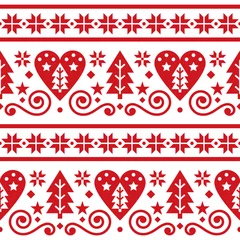 Behang Scandinavische kerst folk naadloze vector patroon, repetitieve schattige Scandinavische bloemdessin met kerstbomen, sneeuwvlokken en harten in het rood op witte achtergrond © redkoala