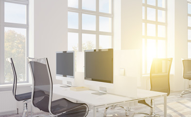 3D rendering, working space. light furniture. large monitors. open space. modern office. Sunset