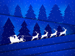 Santa Claus in a sleigh with reindeer. Night winter landscape with Christmas trees and snowfall. Paper cut style. Vector illustration