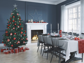 3D-Illustration. nordic living room with christmas decoration.