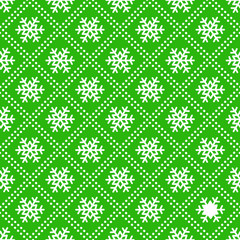Vector seamless geometric pattern with snowflakes on green background; holiday design for greeting card, gift box, wallpaper, wrapping paper, fabric, web design. - 304061706