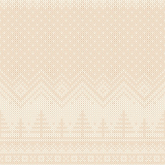 Fototapeta premium Winter Holiday Knitted Sweater Pattern Design. Mountains Landscape and Christmas Trees under the Snowfall. Wool Knit Texture Imitation