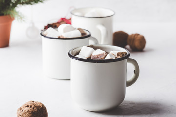 Hot chocolate, cocoa  on the festive white wooden table