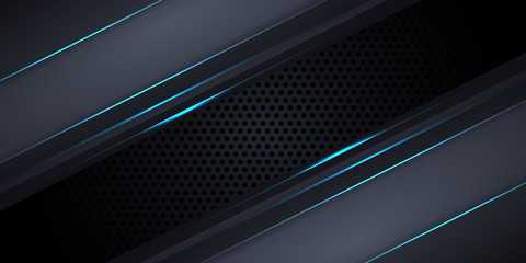 Carbon fiber dark gray background with blue luminous lines and highlights. Modern futuristic luxury technology background. Vector illustration EPS10.