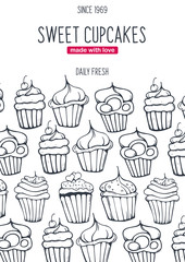 Cupcakes and Cakes banner with sketches hand drawing background.