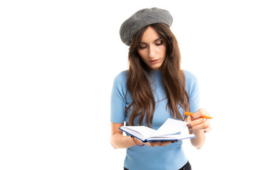 Caucasian female with note, picture isolated on white background