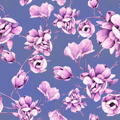 Botanical seamless pattern with Magnolia branches. Detail hand-drawn flowers. Delicate flowers. The design is suitable for textiles and interior, as well as for invitations and cards, as well as for w