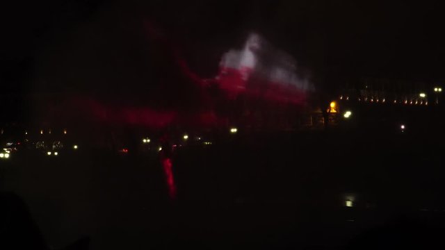 Riga, Latvia - November 18, 2019. Festival of light Staro Riga.  Multimedia performances with a water-screen. Spatial 3D lights lasers show abstractions.