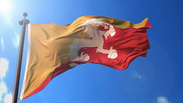 Bhutan animated flag in the wind with blue sky in the background, green screen, blue screen or isolated background and the flag on the full background, all in one animated flag pack.