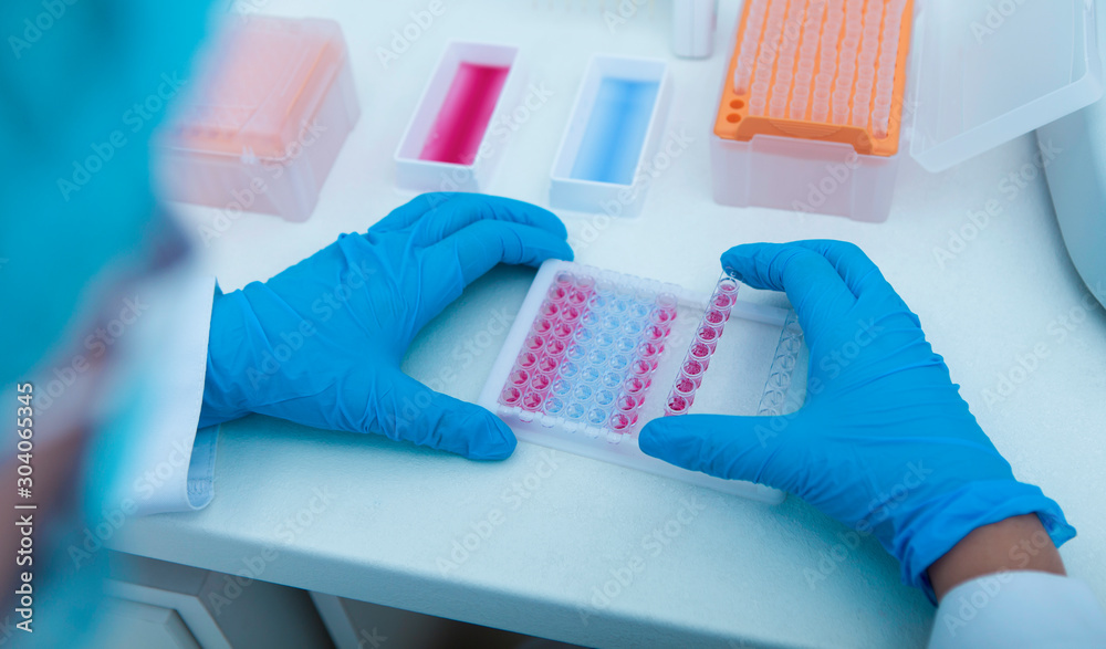 Poster woman collecting colored samples in box for testing them