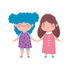 cute little girls holding hands on white background