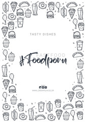 FoodPorn banner with FastFood dishes. Burger, French Fries, Soft Drinks and Coffee. Hand draw doodle background.