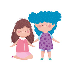 cute little girls holding hands on white background