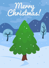 Fototapeta na wymiar Cartoon Christmas tree card template. New year celebration concept with green pine and snow. Winter landscape background with december fir symbol flat vector illustration.