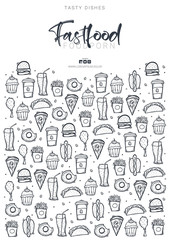 FastFood banner with tasty dishes. Burger, French Fries, Soft Drinks and Coffee. Hand draw doodle background.