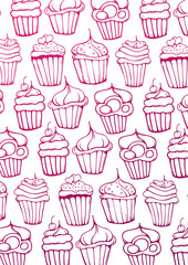  Sketches Cupcakes Background. Birthday cakes, desserts, hand drawing style.