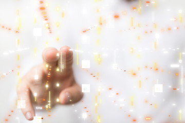 Businessman pressing document icon over computer binary code