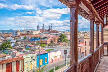 Large long balcony overlooking the Santiago de Cuba city, Cuba - obrazy, fototapety, plakaty