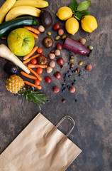 Fototapeta na wymiar fresh fruits and vegetables on the stone table. zero waste concept