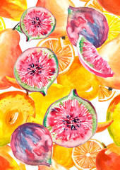 Watercolor Seamless background - tropical fruits, citrus, lemon, orange, lime, pear, mango fruit, figs, papaya. Seamless pattern. Watercolor tropical pattern with fruits, multifruit. 