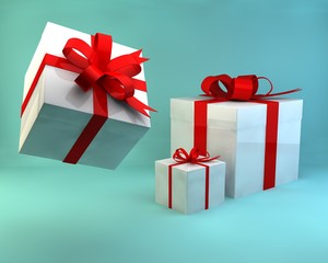 Pile of gift boxes or present box with red ribbon and bow isolated on light blue green pastel color background with blank space 3D rendering