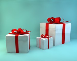 Pile of gift boxes or present box with red ribbon and bow isolated on light blue green pastel color background with blank space 3D rendering