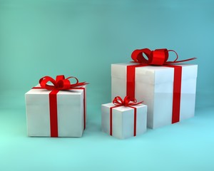 Pile of gift boxes or present box with red ribbon and bow isolated on light blue green pastel color background with blank space 3D rendering