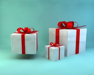 Fototapeta premium Pile of gift boxes or present box with red ribbon and bow isolated on light blue green pastel color background with blank space 3D rendering