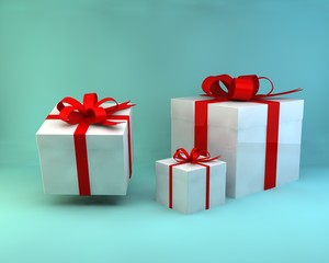 Pile of gift boxes or present box with red ribbon and bow isolated on light blue green pastel color background with blank space 3D rendering