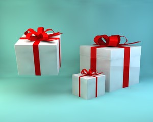 Pile of gift boxes or present box with red ribbon and bow isolated on light blue green pastel color background with blank space 3D rendering