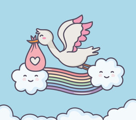 baby shower stork diaper pink rainbow clouds sky