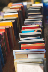 A series of books on a table to exchange and borrow.
