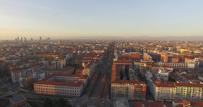 Milan, Italy. A short flight revealing tahe city of Milan and skyscrapers during a clear afternoon.