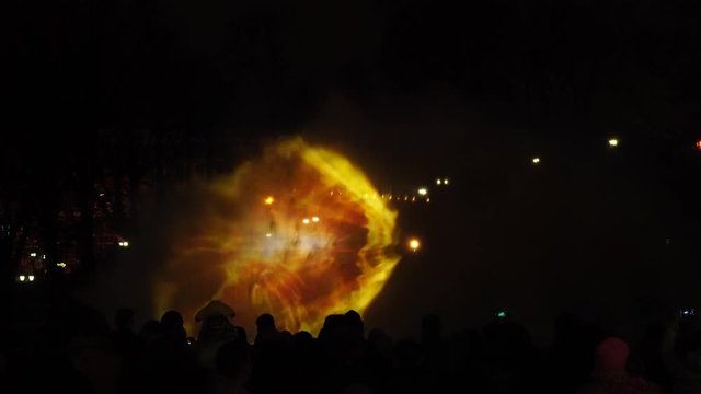 Riga, Latvia - November 18, 2019. Festival of light Staro Riga. Multimedia performance. Lasers show at night. Spatial 3D lights abstractions in vivid colors.