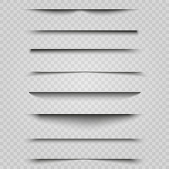 Vector shadows isolated. Transparent shadow realistic illustration. Page divider with transparent shadows isolated. Pages vector set.