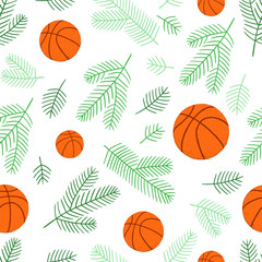 Fond transparent de Noël avec des ballons de basket-ball et des châles de sapin. Le vert blanc et l& 39 orange dominent. Peut être utilisé pour les cartes postales, les invitations, la publicité, le web, le textile et autres.