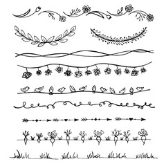 Line floral borders, laurels and text dividers. Doodle set - bunting and garlands. Sketch frame