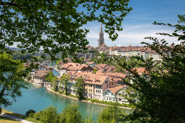 Panoramic view of the Old Town of Bern between maple tree in Switzerland