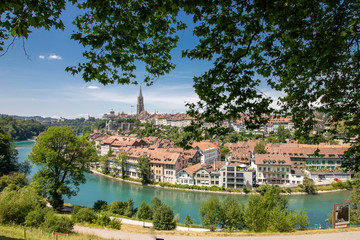 Panoramic view of the Old Town of Bern between maple tree in Switzerland