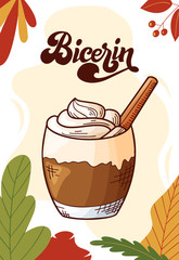 Bicerin. Cup of hot drink for christmas menu. Colorful collection. Hand drawn vector illustration