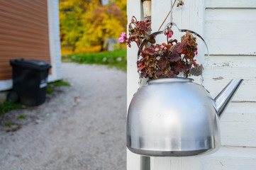 Flower pot teapot, on white wooden fence background. Porvoo, Finland.