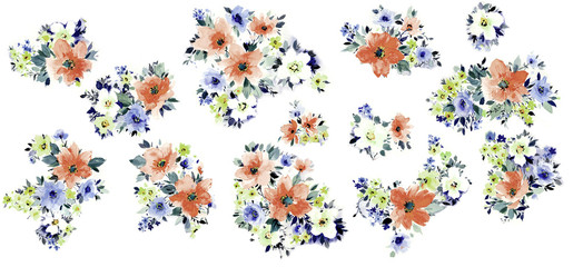 Flowers watercolor illustration.Manual composition.Big Set watercolor elements.