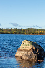 Stone in a lake during a calm day with  blue skies in a forest during autumn. 