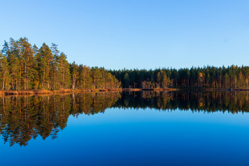 Fototapeta na wymiar Sunset over a calm lake creating a mirror reflection inside a forest during autumn. 